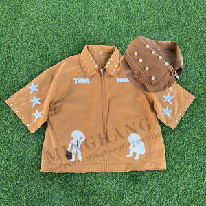 Wholesale Custom Embroidery Printing Logo Vintage Mens Crop Top Boxy Fit Pearl Rivets <strong>Zip</strong> <strong>up</strong> Shirt <strong>Zip</strong> <strong>up</strong> <strong>Polo</strong> Shirt - Product Image 1