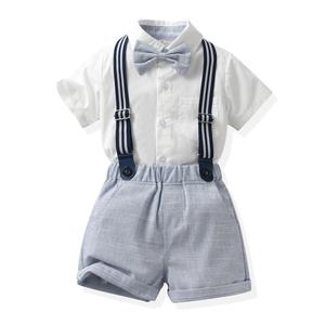 夏季秋季儿童男童纯色休闲套装短袖衬衫背带裤绅士男童服装套装 - Product Image 3