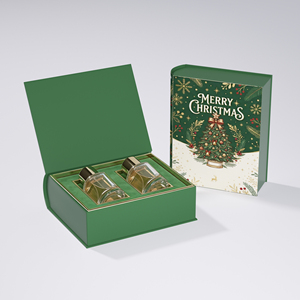 Caja de Regalo de Perfume Navideña con Dos Botellas de Vidrio, Empaque Rígido Verde, Diseño Impreso con UV, Forro de Satén - Product Image 1