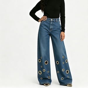 Jeans da <span class=keywords><strong>Donna</strong></span> a Gamba Larga con Occhielli Metallici, Chiusura a <span class=keywords><strong>Bottoni</strong></span>, Taglio Dritto, Non Elasticizzati, Stile Americano Casual, Lavati, Sehe Fashion - Product Image 1