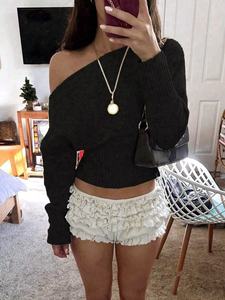 Beliebtes koreanisches Strickoberteil im Kurzhaar-Stil mit lockerem Schulterdesign, Herbst-Neuheit für Damen, hochtailliert, schmal geschnitten, einfarbig - Product Image 3