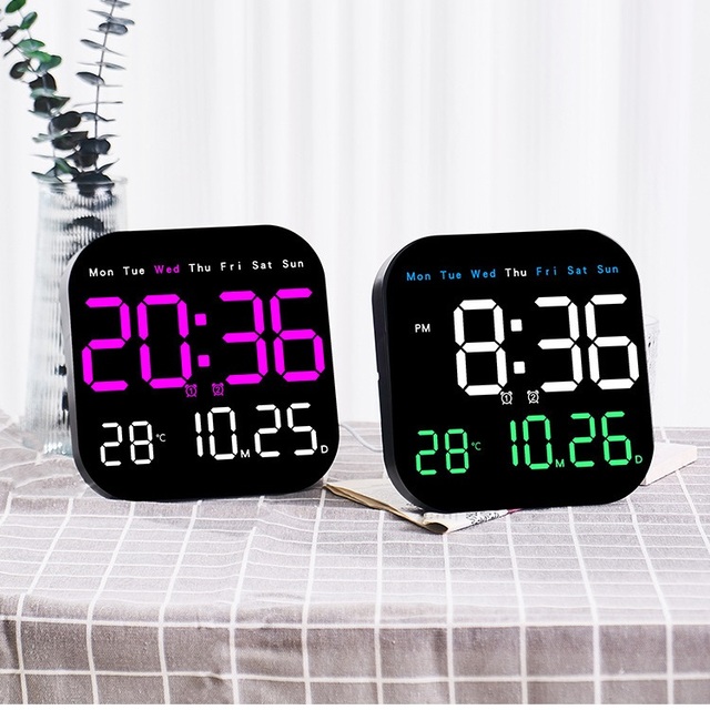 Auto Brightness Adjustment Remote Control Plastic Table Alarm Clock Week Date Temperature DST Display LED Digital Wall Clocks