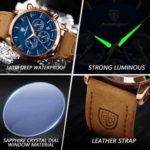 Montre à quartz de luxe pour homme Drioshipping, étanche, lumineuse, avec calendrier, chronographe, bracelet en cuir sport, boîtier en acier inoxydable - Product Image 4