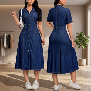 Vestido Maxi de Mezclilla Ecológico para Mujer, Cuello con Solapa, Manga Corta, Corte en A, Color Sólido, Cierre de Botones al Frente, Casual, Verano, Natural - Product Image 3