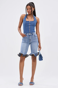 Shorts in denim da <span class=keywords><strong>donna</strong></span> a vita alta azzurro chiaro, stile <span class=keywords><strong>boyfriend</strong></span> vintage chic estivo con orlo arricciato e tecnica lavata casual - Product Image 6