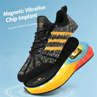 Chaussures de course et de marche respirantes pour hommes, noires, en tricot, avec logo personnalisé, semelle épaisse à rayures orange, vente en gros directe usine