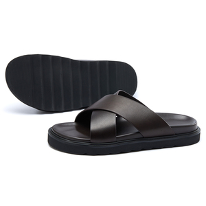 Chaussons pour hommes en cuir véritable antidérapants, dessus en cuir de vachette de qualité supérieure, doux, confortables, respirants, sandales plates pour la maison, tongs - Product Image 5