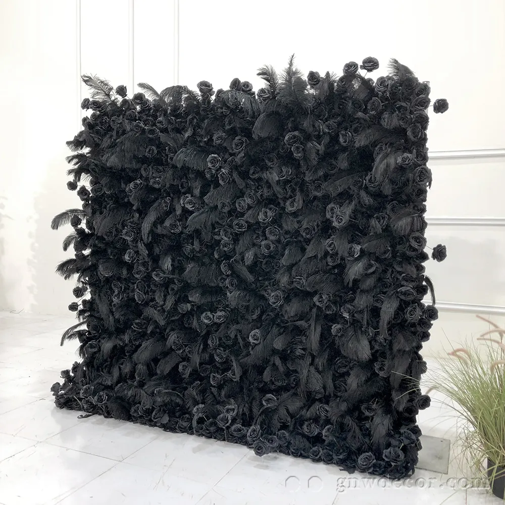 GNW OEM Custom Color Size Artificial Wedding Black Rose Flower Feather Decorative Flower Wall Backdrops