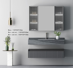 <span class=keywords><strong>Mobile</strong></span> <span class=keywords><strong>Bagno</strong></span> di Lusso Stile Hotel, Armadietto Scanalato Grigio Scuro con Specchio LED e Lavabo in Pietra per Hotel di Lusso - Product Image 4