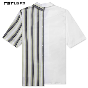 Chemise à manches courtes asymétrique moderne pour homme, patchwork, rayures contrastées, col boutonné, haut graphique de créateur, 100% coton - Product Image 1