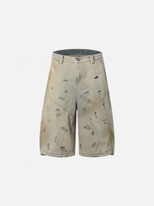Pantalones Cortos Bermuda de Algodón Lavado de Cintura Alta para Hombre, Estilo Casual Desgarrado con Cierre de Botones - Product Image 1