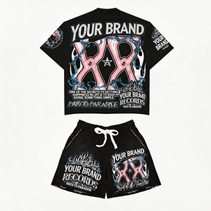 Ensemble deux pièces pour homme, t-shirts en coton imprimés DTG, effet délavé, ensemble de t-shirts et shorts avec cordon élastique - Product Image 2