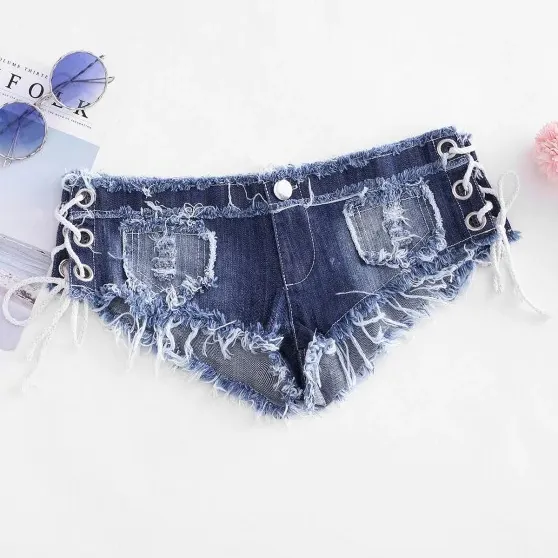 Fashion High Quality Sexy Women Grommet Lace Up Frayed Micro Denim Shorts Jeans