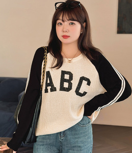 Jersey informal de invierno con cuello redondo para mujer, suéter holgado de punto largo con estampado de seda y mangas raglán, suéter frontal con estampado de letras bordadas - Product Image 1