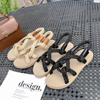 Chaussures de paille plates faites à la main pour femmes, sandales en corde de chanvre tissé en lin, pantoufles de plage en caoutchouc, pantoufles d'été en sangle, 2021