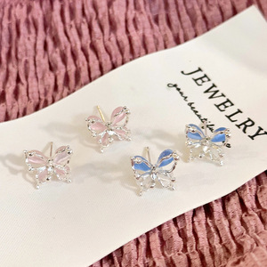 Boucles d'oreilles papillon en zircon, argent sterling 925, rose et bleu, pour femmes, à porter au quotidien, bijoux tendance - Product Image 4