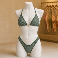 Maillot de bain personnalisé avec breloques, imprimé gingham, tissu recyclé texturé scintillant, bordure contrastante, sans rembourrage, ensemble bikini pour femmes
