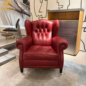 Classique élégant Top Grain en cuir véritable <span class=keywords><strong>vin</strong></span> <span class=keywords><strong>rouge</strong></span> cigare chaise en bois massif chaise de loisirs avec aile arrière salon canapé chaises - Product Image 2