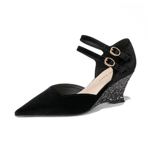 Chaussures Mary Jane à bout pointu, double bride, talons compensés, en velours noir, avec boucle, tendance mode, escarpins pour femmes - Product Image 5