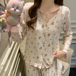 Conjuntos de Pijamas Modales para Mujeres Jóvenes, Pantalones de Manga Larga, Cárdigan, Conjunto Dulce para Primavera y Otoño - Product Image 6