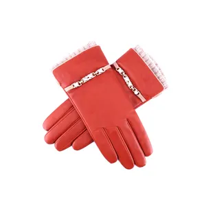 Winter Fashion Warm Women Cuff Metal Trim Orange Leather Gloves