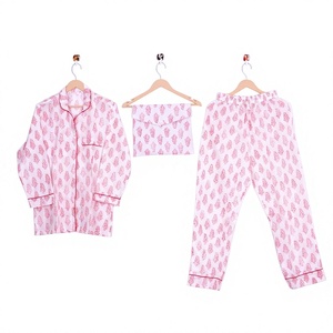 Ensemble de pyjama 3 pièces pour femmes grandes tailles, col en V, longueur intégrale, printemps, fait main, 100% coton, respirant, séchage rapide, doux, simple, décontracté - Product Image 1