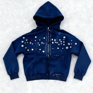 Sweat-shirt zippé personnalisé pour homme, style streetwear, brodé, grammage lourd, effet délavé soleil, délavé à l'acide, avec strass, coupe carrée, court et effet usé - Product Image 3