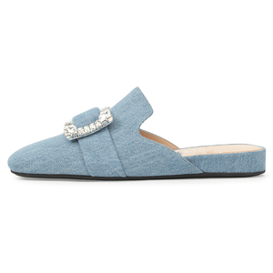 Close Square <b>Toe</b> Denim Upper With Crystal Buckle Decoration Flats Mules Ladies Women's Slide Diamond Slipper Sandals - Product Image 2