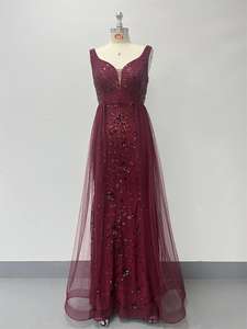 Vestido de Noche de Alta Calidad para Mujer, Nuevo, con Lentejuelas y Malla, Sin Mangas, Cuello en V, Espalda en U, Color <span class=keywords><strong>Vino</strong></span> Tinto, Estilo Sirena, con Cola de <span class=keywords><strong>Corte</strong></span> - Product Image 5