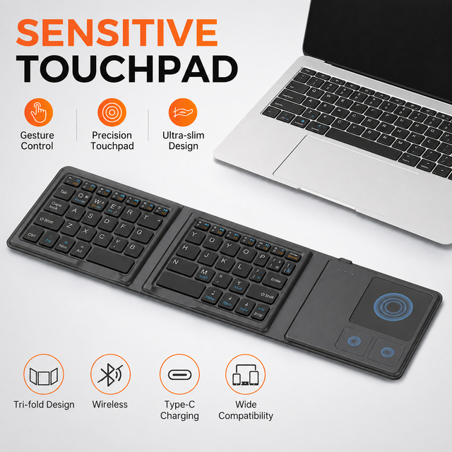 Tri-Fold Wireless Keyboard with Touchpad USB-C Rechargeable ABS+PU Leather Ultra-Slim Portable Keyboard for iPhone iPad Laptop