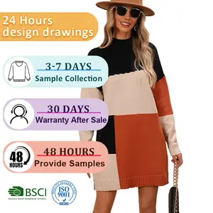 Clothing Wholesale Yellow Color Block Cut Half With Turtle Neck And Carnitas Loose V Neck Women Knit Sweater Midi Dress