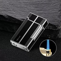 Briquet à cigares classique moderne en métal, double flamme réglable, coupe-vent, flamme jet, avec logo, coffret cadeau en acier pour fêtes