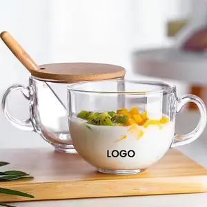 Copo de vidro para café da manhã Cereais e chá com leite canecas com tampa de bambu 2024