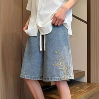Shorts en jean brodés respirants de style chinois pour hommes, tendance estivale, marque, pantalon mi-long, coupe ample, droit, cinq points