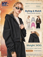 Sweat à capuche zippé court pour femme, 345G, coupe ample, en molleton, avec broderie personnalisée et impression 3D en relief
