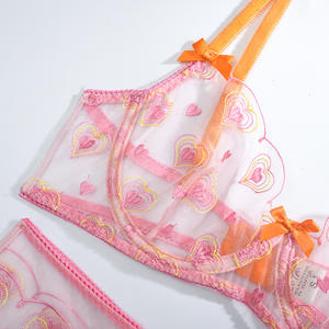 Set Bra dan celana dalam seksi 3 potong Lingerie seksi tembus pandang jaring kualitas tinggi Lingerie hati hadiah Hari Valentine Wanita - Product Image 5