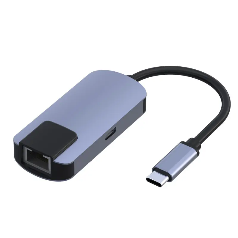 Adaptador Ethernet Gris Tipo C a RJ45 Aleación de aluminio 2 en 1 hub USB C Puerto de red Ten Gigabit con convertidor de fuente de alimentación