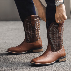 Botas Vaqueras para Hombre, Talla Grande 16, Estilo Clásico con Bordado de Alas, Estilo Biker Rockabilly, Altura hasta la Rodilla, Tacón Cuadrado - Product Image 4