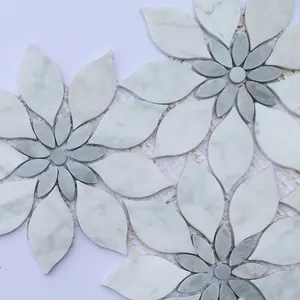 Sonnenblumen-Marmor-Mosaikfliesen weiße Rundsohle Blume Rückspritzschutz geschliffene Stein-Mosaikfliese für Hotel