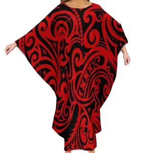 Nieuwe Pacific Island Art Polynesische Poncho Vlinder Jurk Fall Batwing Mouw Losse Jurken Rode Gezellige Kaftan Strand Cover Ups