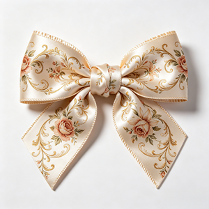 Lazo de Satén con Diseño Floral Vintage Beige, Venta al Por Mayor de Fábrica, Lazo Preformado de Tamaño Personalizado para Envolver Regalos y Decoración - Product Image 1