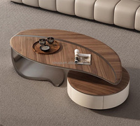 Table basse design feuille, salon, base en métal doré, plateau en bois massif, table à thé, style moderne, meuble, table centrale avec tiroir