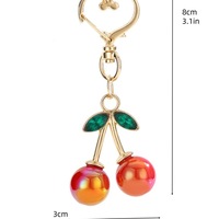 Porte-clés cerise 3D simulée, orné de strass brillants, en forme de feuille et de cœur, avec fermoir mousqueton, pendentif fruit tendance