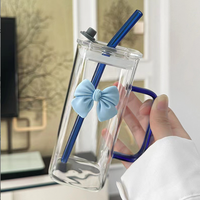 Offre Spéciale – Tasse carrée en verre borosilicate pour boissons chaudes et froides avec couvercle, paille en verre et décoration nœud papillon