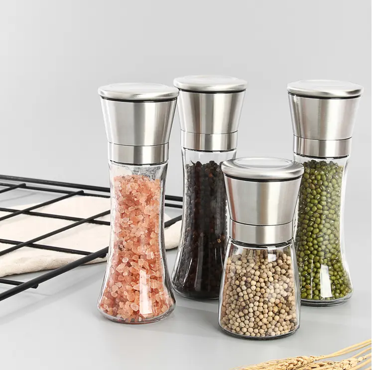 180ml 200ml high quality tall Himalayas pink salt black pepper spice coffee beans glass grinder bottle with stainless steel cap