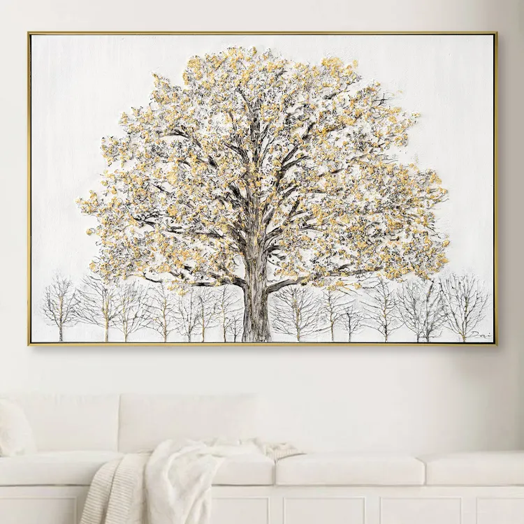 100% fait à la main moderne feuille d'or arbre abstrait avec feuilles mur Art toile grande peinture à l'huile peinte à la main