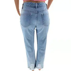 Celana Panjang Denim Wanita Desain Mode Grosir Baru Celana Jeans Wanita Sobek Biru Longgar Jins Pinggang Tinggi Pacar Ibu
