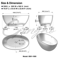 Baignoire de salle de bain ovale moderne de grande taille à surface solide Baignoire autoportante en pierre artificielle blanche de 1800 mm pour projet de villa