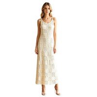 Robe longue maxi vintage respirante personnalisée pour femme, à bretelles spaghetti, en crochet, tricotée sans manches, à découpes carrées, style bohème décontracté de plage