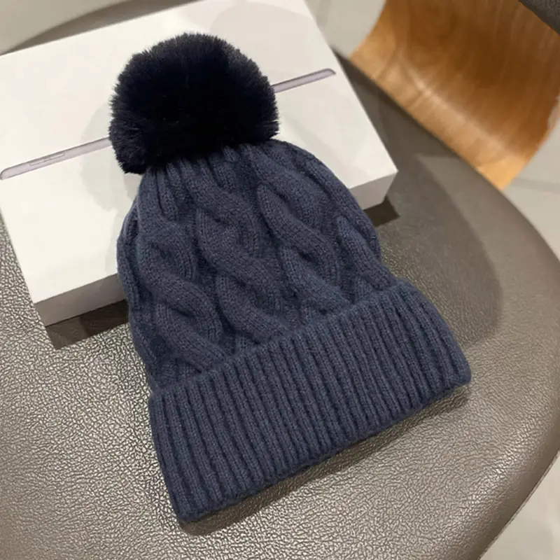 Topi Beanie rajut dengan bulu imitasi Pom Pom, topi musim dingin berlapis bulu hangat untuk wanita, produsen Beanie rajut